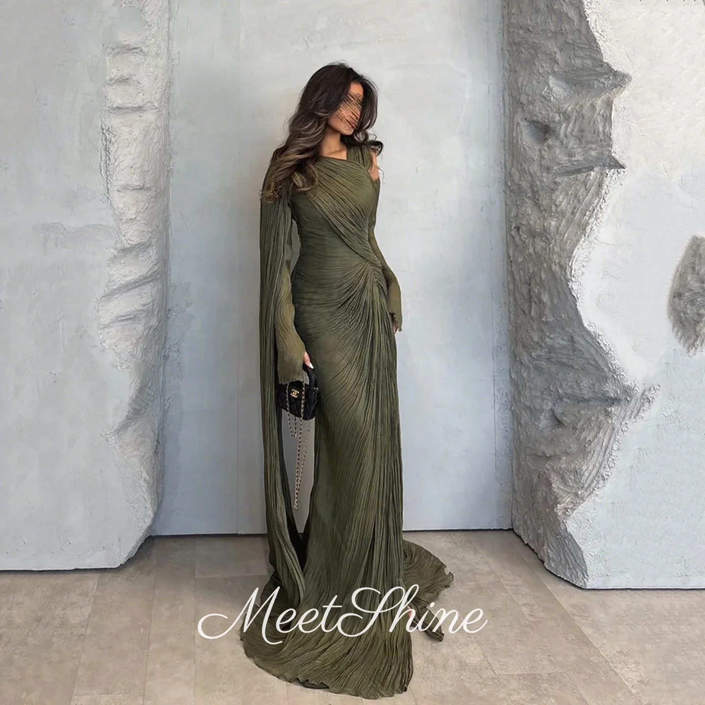 

Dubai Olive Green Tulle Pleat Evening Dresses Vintage Long Sleeve Mermaid Prom Dress Saudi Arabia Party Dresses Customized