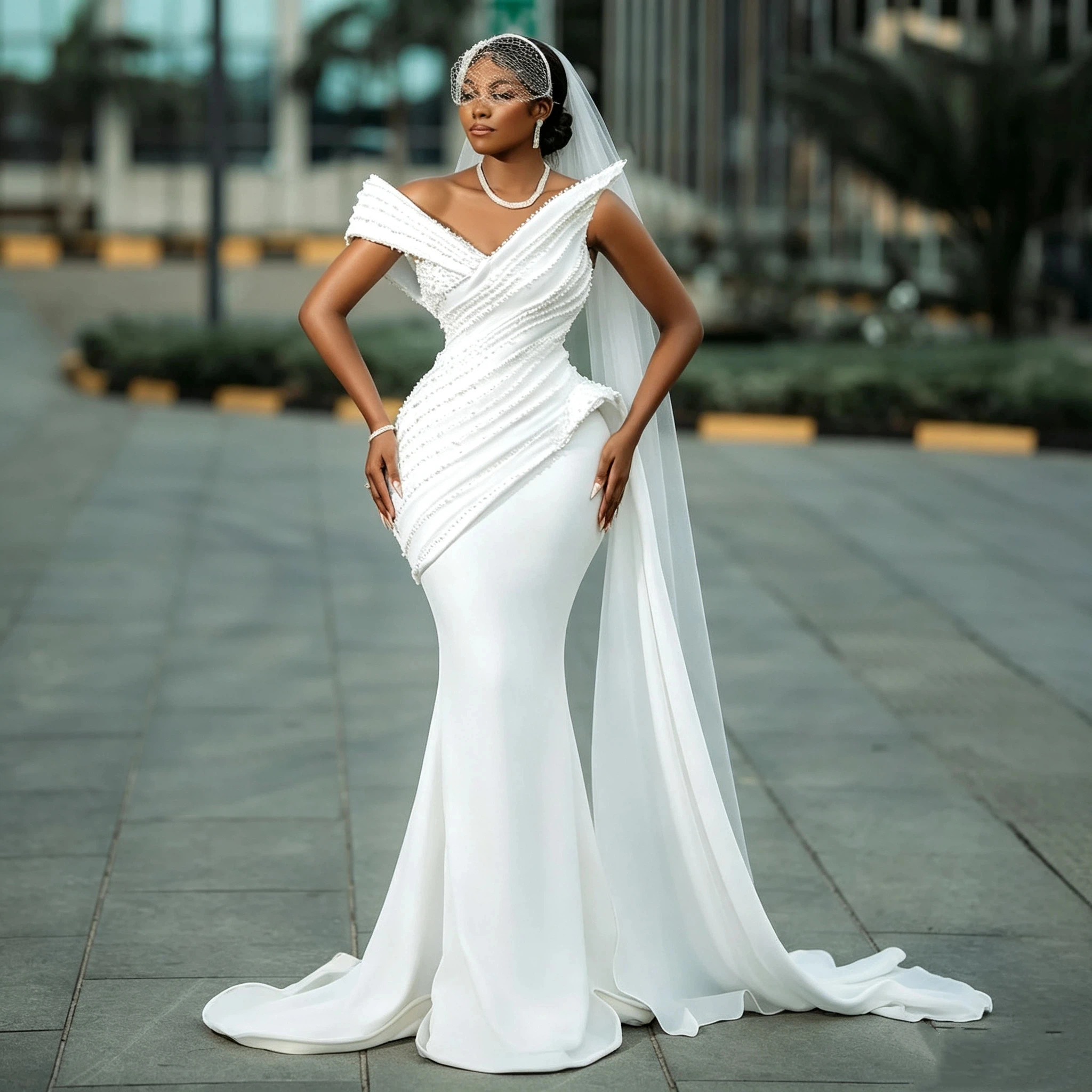 Mermaid Wedding Dresses For Black Women Off Shoulder Beaded Pleated Bodice With Side Bridal Dresses Vestidos De Novia Customized