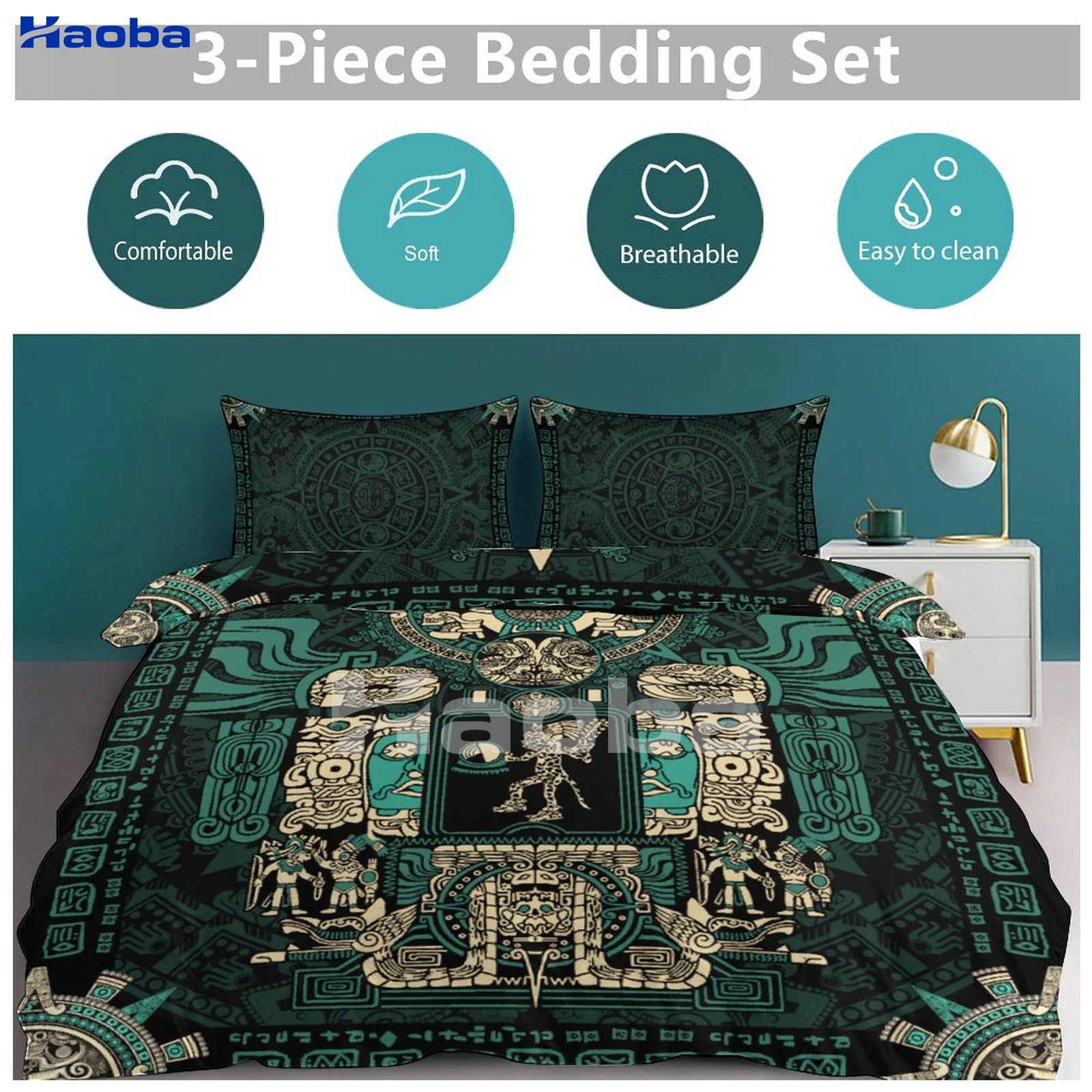 Aztec Maori Jaguar Warrior Print Three Piece Bedding Set Children or Adults for Beds Quilt Covers Birthday Gifts for Women Men