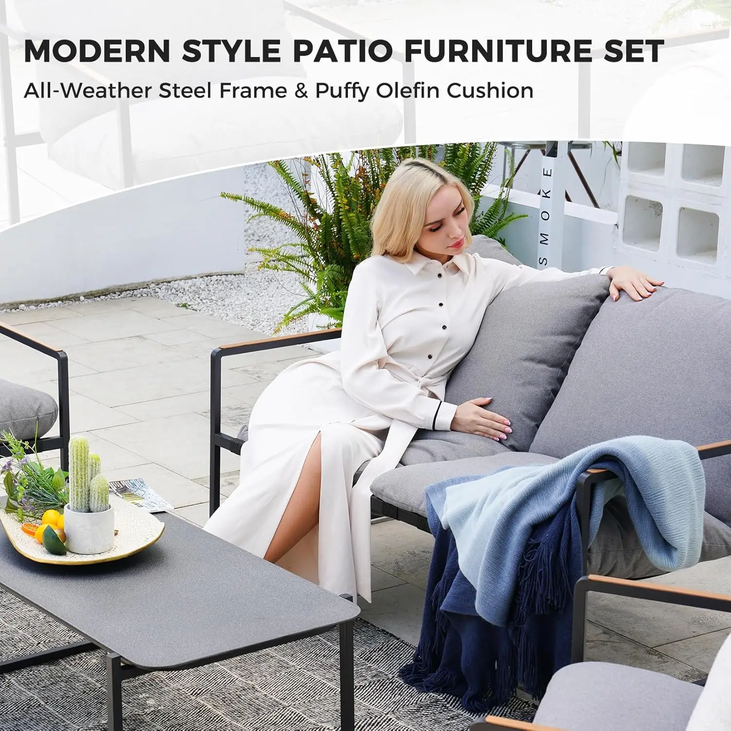 

4-Piece Modern Outdoor Furniture Set, Patio Sofa with Cushion, Metal Couch with Coffee Table, Conversation Set for Porch Deck
