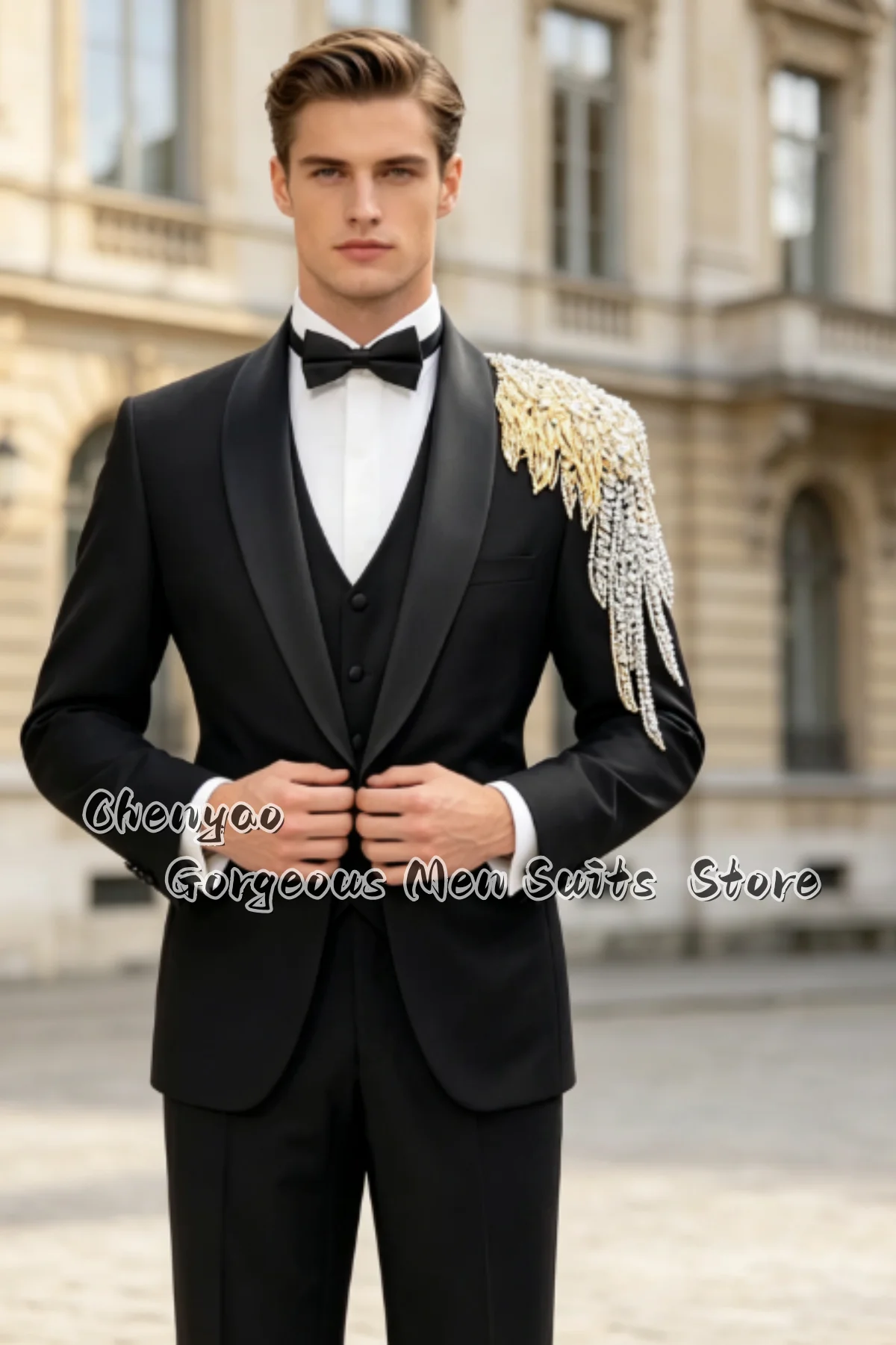 Luxury Men Slim Fit Formal Tuxedo 3‑Pcs Set Rhinestone Shoulder Beaded Shawl Lapel Suit Customized Wedding Evening Party