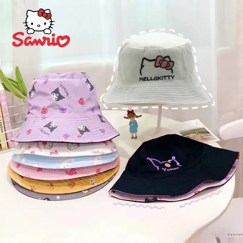 1 PC Sanrio Melody Kuromi Printed Fisherman Hat Cartoon Embroidery Double Sided Sun Visor Hat UV Protection Outdoor travel Hat