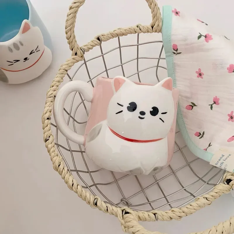 Cartoon 3D Embossed Ceramic Cup Cute Cat Coffee Milk Tea Breakfast Handle Cup Tableware Novelty Gift Home 500ml Mug