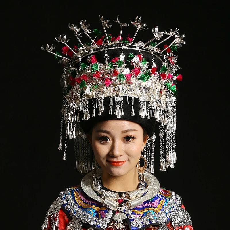 

Ethnic Fashion Minority Group Miao Hmong Festival Gorgeous Hair Tiara Female Hat Performance Stage Dance Accessory Travel Photo