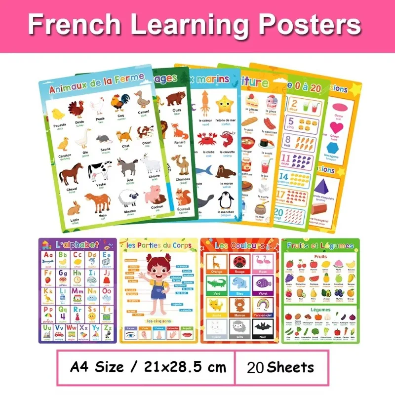 20Pcs A4 English Educational Posters for Kids Alphabet Numbers Animals Time Weather Toddler Early Learning Charts Preschool