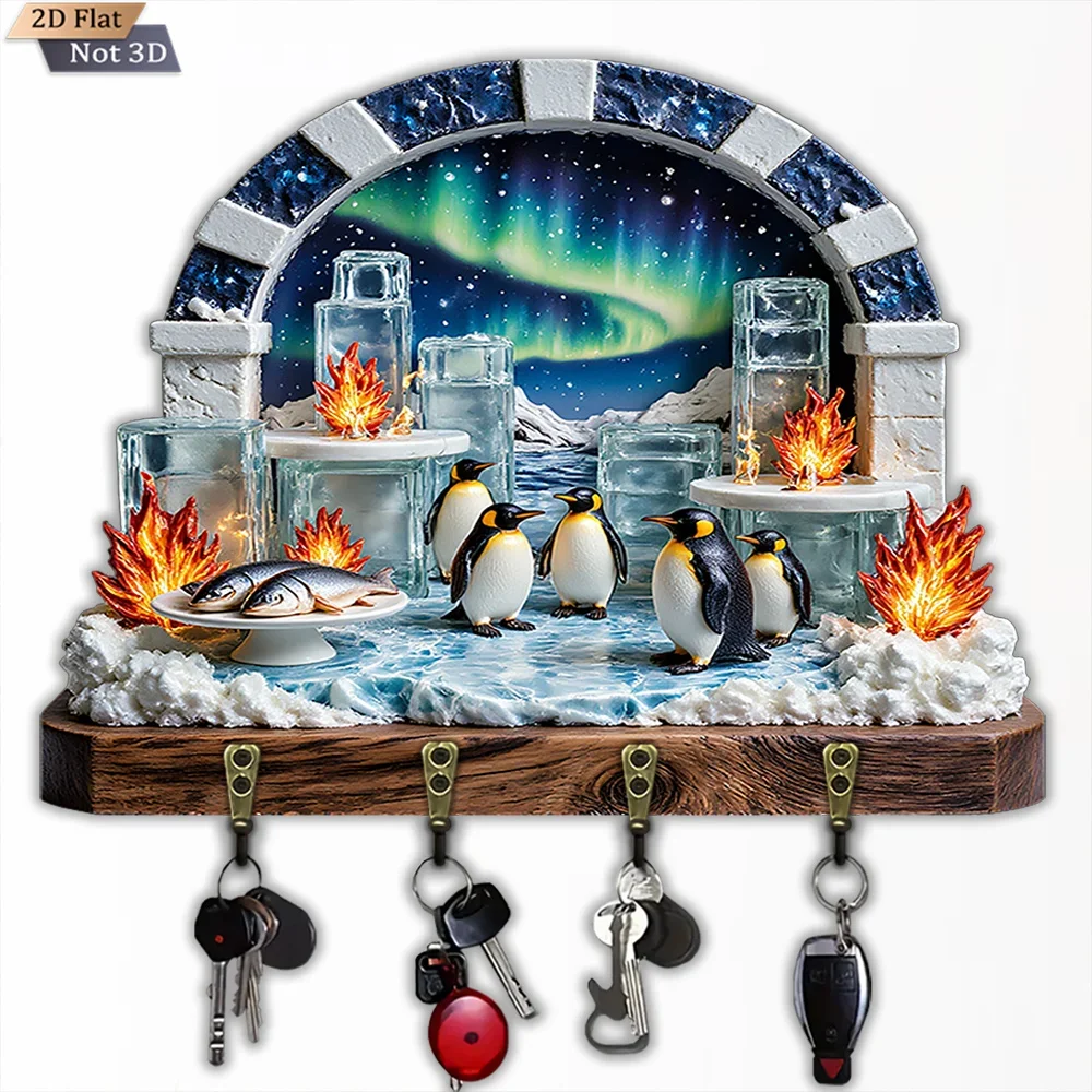 2D Flat, 1pc, Penguin Ice Sea Aurora Key Hook, Wooden Multi-functional Home & House Key Hook, with Four Metal Hooks, Wall