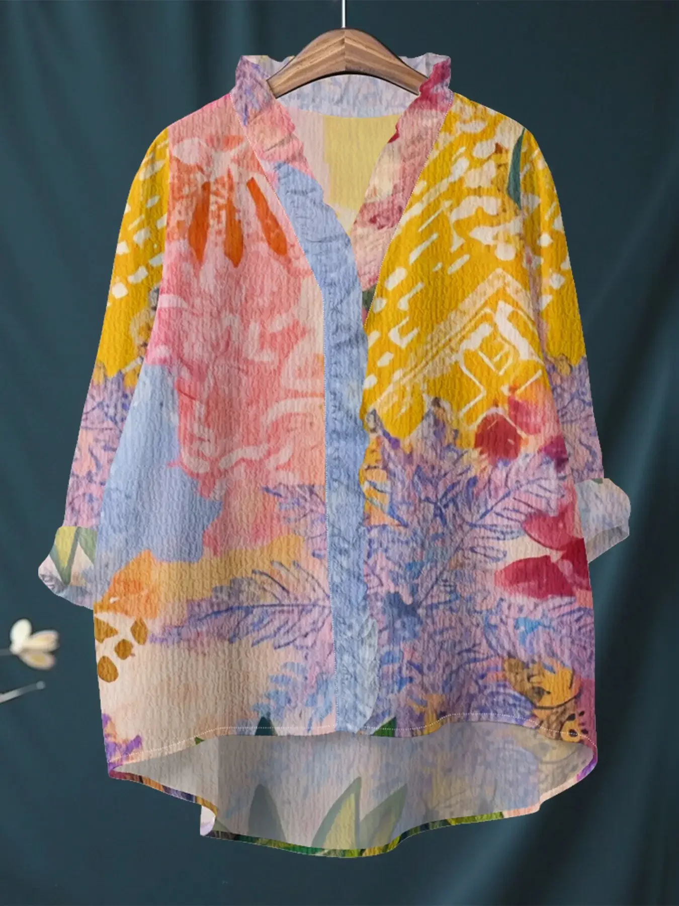 New women's printed long sleeved shirt with ruffled neckline, Retro Art Casual Women's Clothing