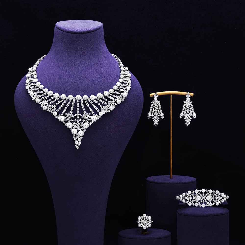 

Роскошное ожерелье с жемчугом и цирконием, комплект ювелирных изделий из 4 предметов, свадебный комплект ювелирных изделий для женщин, Дубай, AUE, подарок невесты