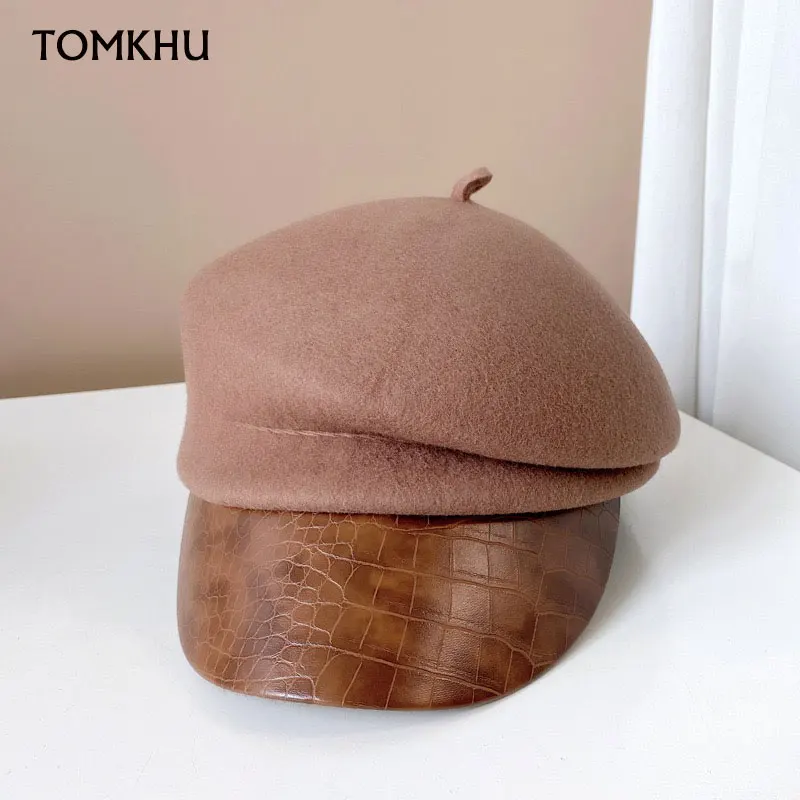 

New Fall Winter Sloping Brim Women Men Wool Hat Warm Leather Visor White Black Cap Fiddler Cap Newsboy Beret Chapeu Feminino