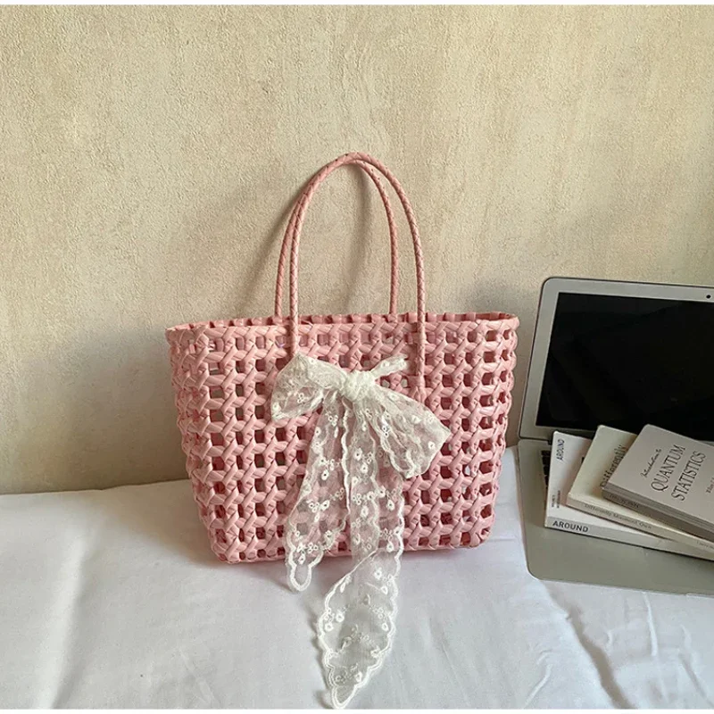 Koreanische Hohlgeflochtene Schleifen-Handtasche, Süße Einfarbige Gemüsekorb-Tasche, Lässige Vielseitige Schultertasche mit Großer Kapazität, Neu – Detail 16