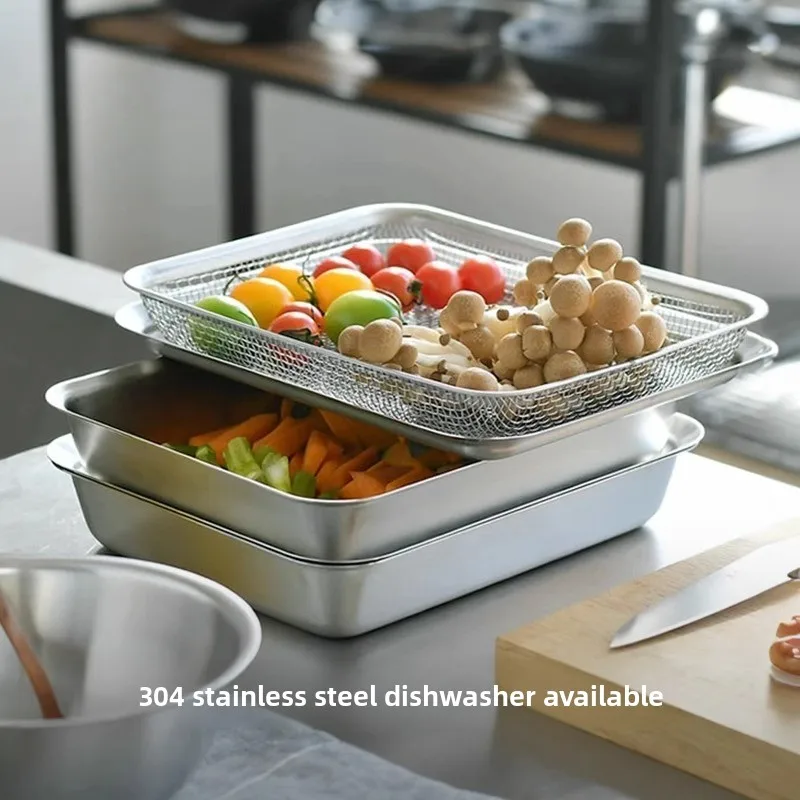 

304 Stainless Steel Storage Tray Multifunctional Kitchen Prep Plate Square Food Storage Organizer Multi-functional Oil Spill Net