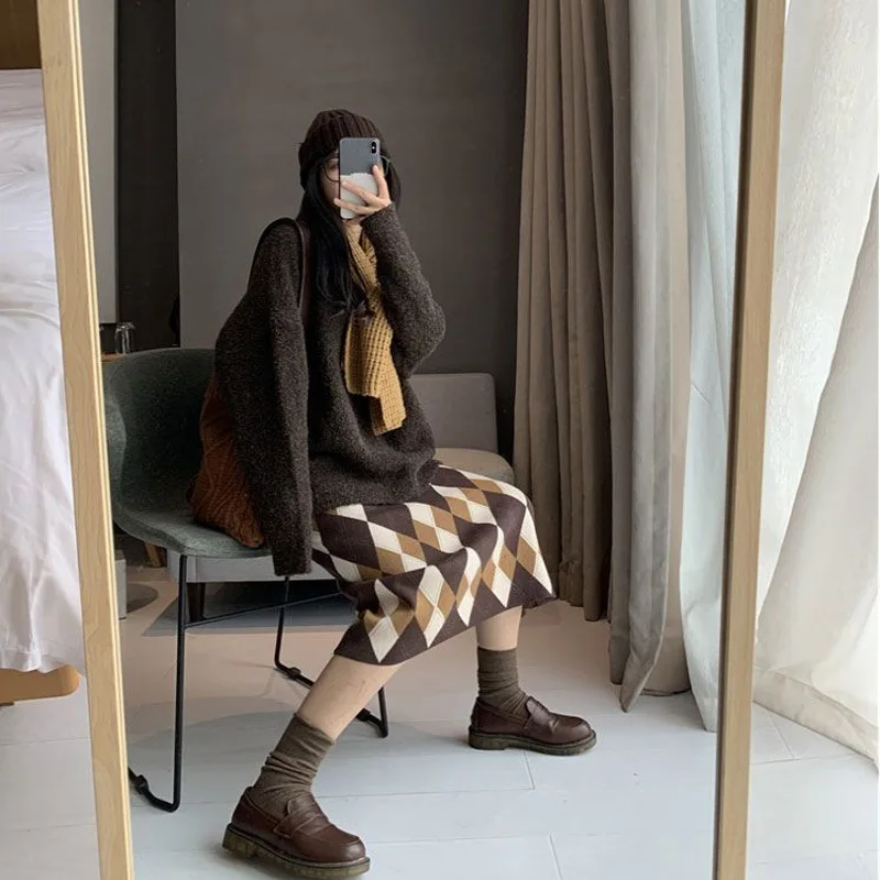 Autumn Winter New Knitting High Waist Skirts Plaid Contrast All-match Youth A-line Skirt Fashion Vintage Sweet Women Clothing