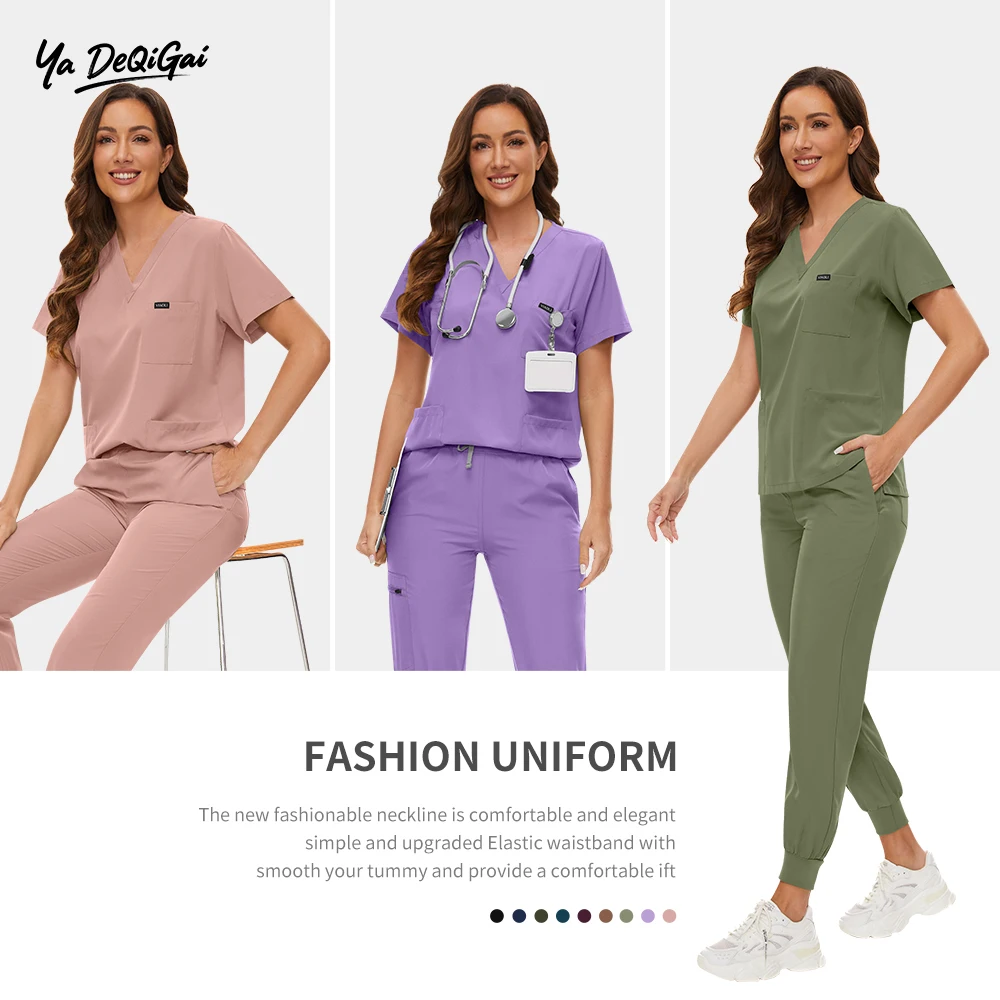 

Elastic Breathable Doctor Nurse Work Clothes Scrubs Nursing Uniform Set for Women Slim Fit Tops Jogger Pants Medical Accessories