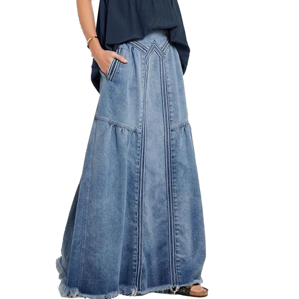 Fashion Women Denim Jeans Maxi Denim Skirt Long Skirt Vintage Loose Fit Blue Long High Waist Pocket Front Dropshipping