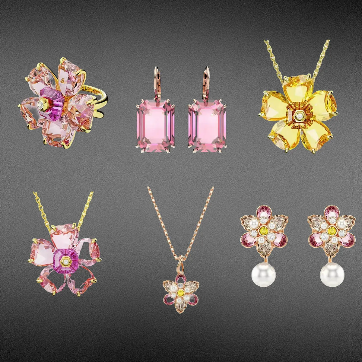

2025 New Hot Selling Luxury Flower Pattern Zircon Earnail Ring Necklace Pink Yellow Daily Dressing Essential - Birthday Gift