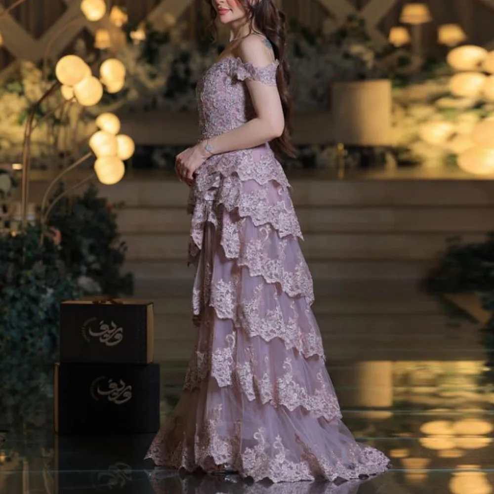 Robe de soirée multicouche personnalisée, épaules dénudées, robe de bal en Tulle à plusieurs niveaux avec Appliques perlées, ligne A, robes d'invitées de mariage