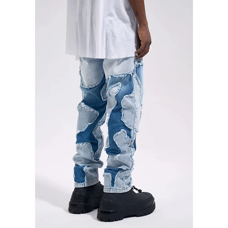 High Street Designer Wear Washed Distressed Hollow Patch Groove Marks Retro Fashion Brand Pencil Pants Loose Jeans