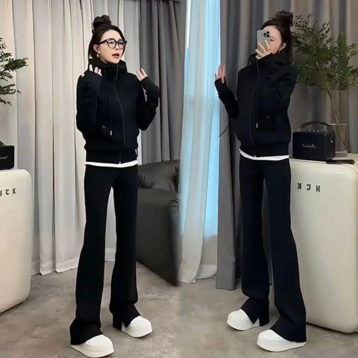 Spring and Autumn Casual Sportswear Set Women\'s Hooded Slimming Jacketstraight Leg Wide Leg Pants Two-piece Set