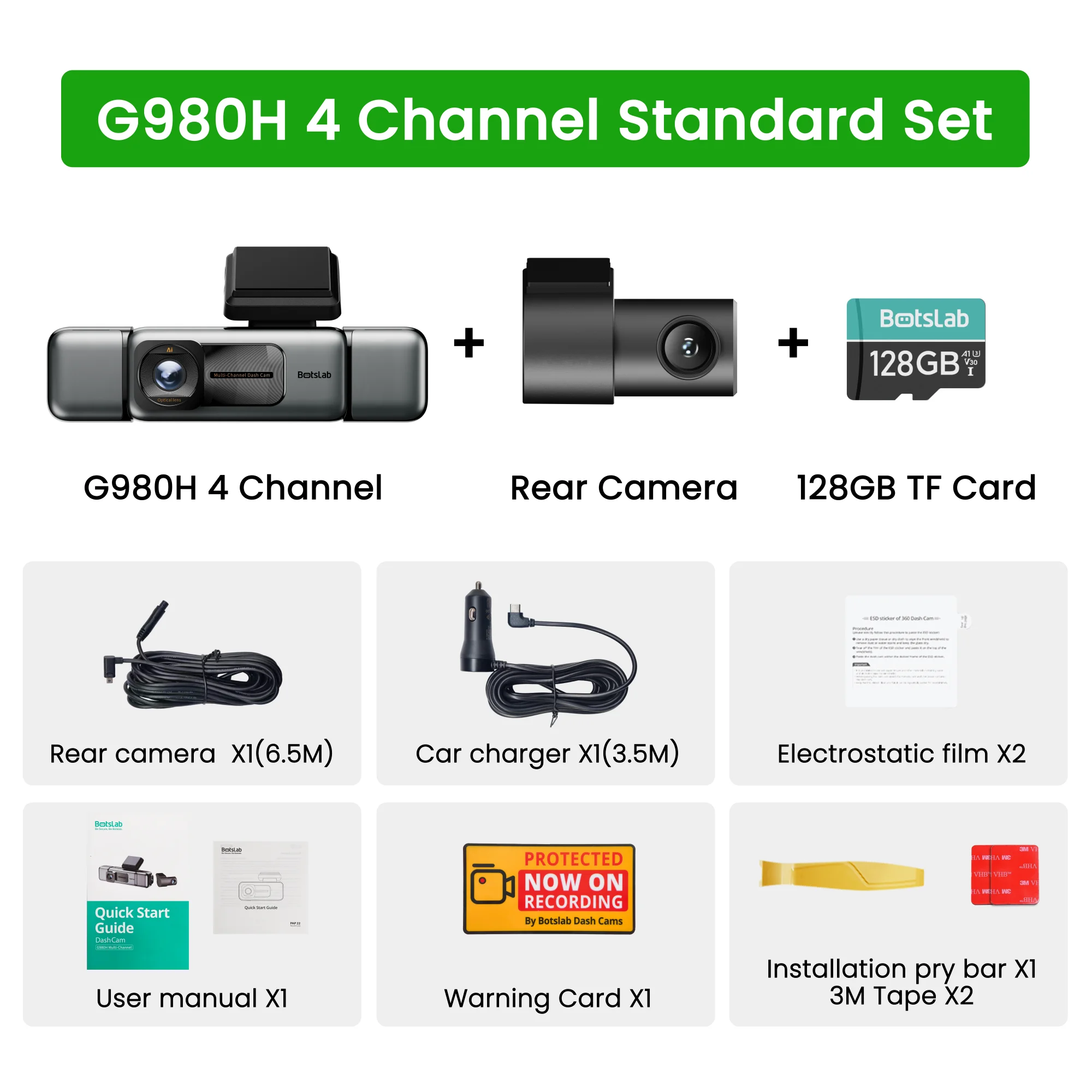 Botslab G980H 4-kanaals 3K Dashcam 560° auto-camerasysteem (voor, achter, links/rechts) met uitstekende nachtzicht, GPS, 5.8GHz Wi-Fi, Engelse spraakbesturing, Sentinel-modus, 24/7 parkeerbewaking