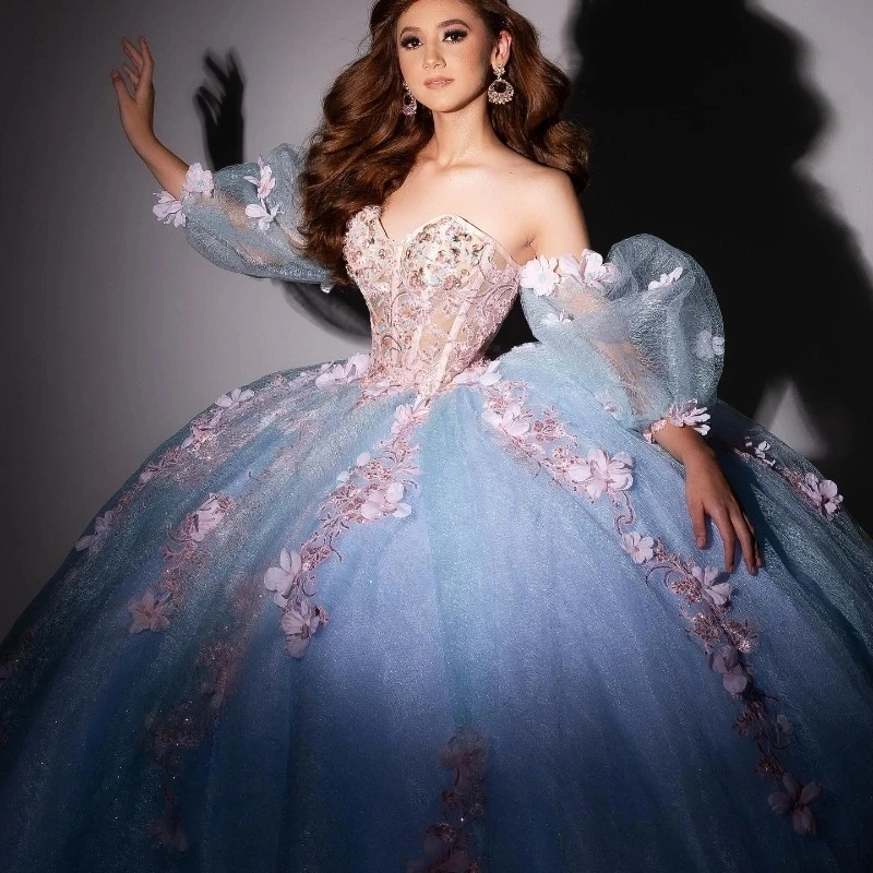 

Mexico Sky Blue Shiny Sweetheart 16 Year Old Quinceanera Dresses Appliques Flower Beads Tulle Long Sleeved Formal Dress vestidos