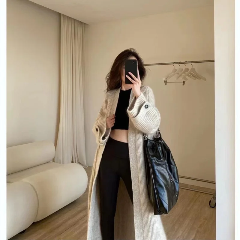 

100% Wool autumn winter new lazy style super long over-the-knee sweater cardigan for women outer layer of shawl coat trend top