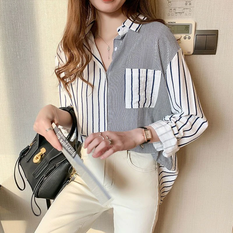 

2025 Korean Summer Trendy Women's Shirt Loose Casual Striped Patchwork Shirts Pocket Office Lady Sweet Women's Top Shirt&Blouses