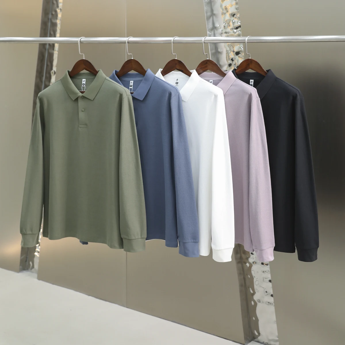 

Мужская модная однотонная футболка с длинным рукавом из дышащего хлопкового пике, повседневная, деловая, стандартного кроя