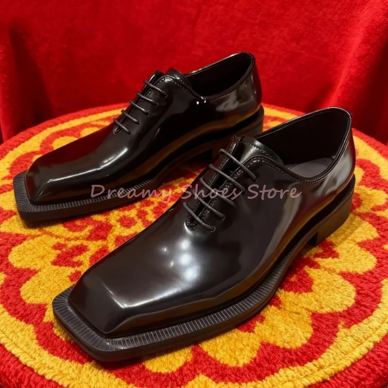 

Men's Black Leather Square Toe Oxfords Shoes Luxury Lace Up Low Heels Loafers Fashion Trendy Business Wedding Formal Men Shoes