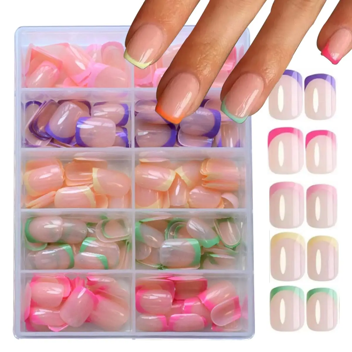 

240Pcs French Tip Press On Nails Short Square Fake Nails Set Reusable Glossy Artificial Nail Kit with 12 Colors for Women