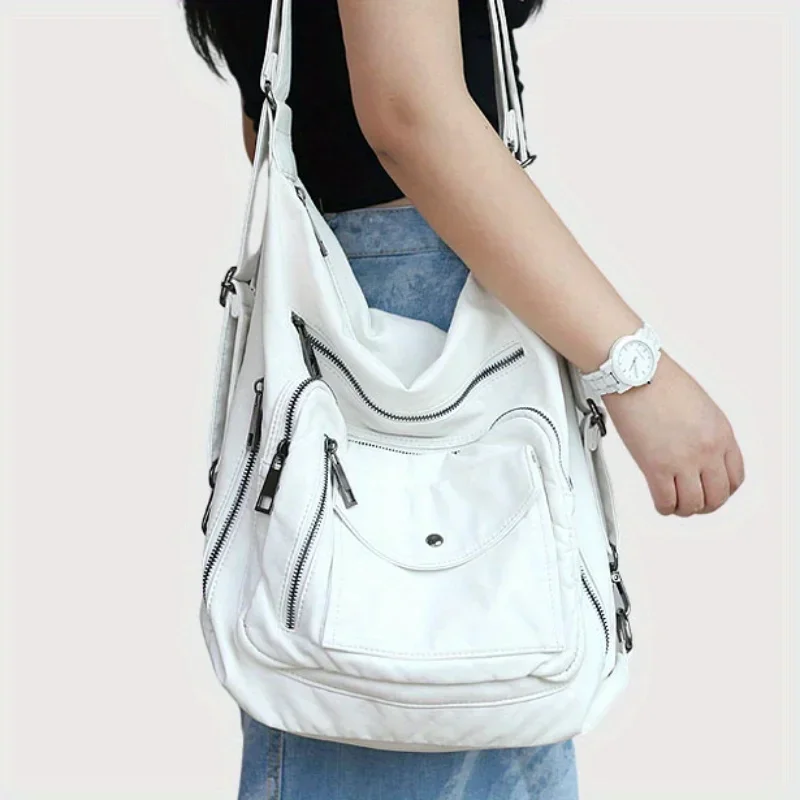 Women's Fashion Soft Leather Multifunctional Backpack Large Capacity Washed Distressed Vegan Leather Hottie Shoulder Bag