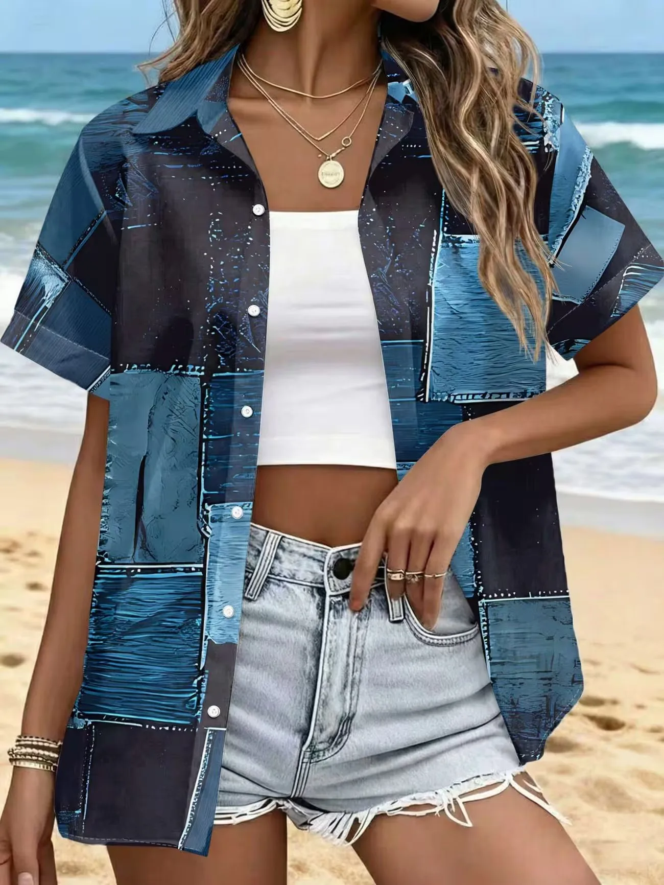 Summer women's short sleeved 3D beach printed shirt
