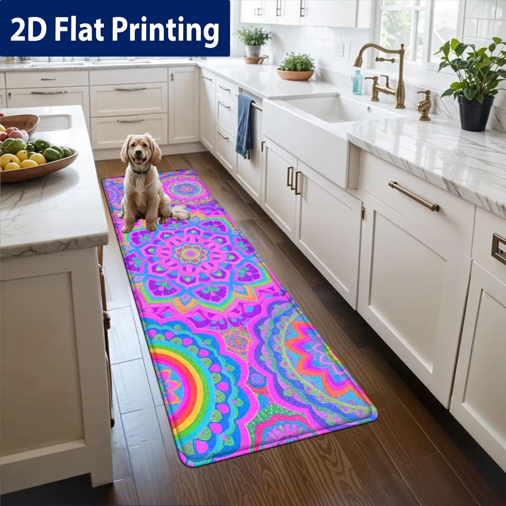 Bright Mandala Runner Mat Anti Slip Washable Neon Pink Rainbow Boho Floral Circle Decor Rug for Kitchen Bedroom Bath Hall Floor