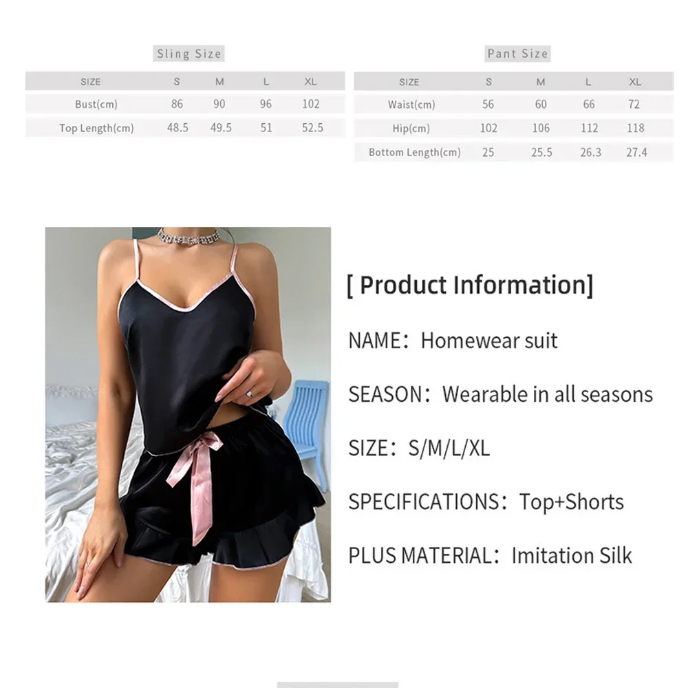 Pijama de cetim liso feminino, camiseta com decote em v, bordas com babados e shorts, conjunto de pijama simples e respirável, 2 peças