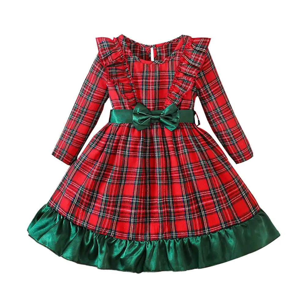Kinder Weihnachtskleid mit Karomuster, Langarm, Rundhals, Rüschenrand, Schleife, Lässige Herbst-Winter-Kleidung für Kinder – Detail 7