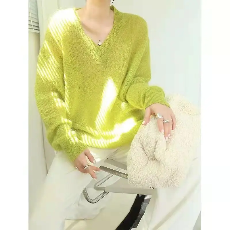 Sexy V Neck Long Sleeve Women Sweaters Soft Spring Autumn Jumpers Fashion Harajuku Oversized Hollow Out Green Knitted Pullovers