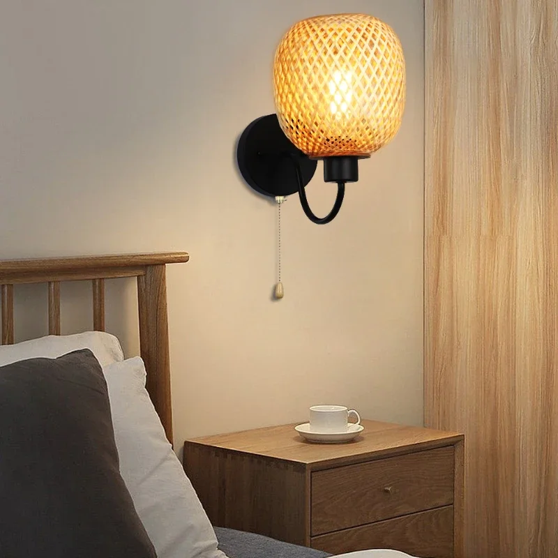 Rattan Bamboo Wall Sconce Light Fixture Vintage Wall Lamp Lighting Bedside Retro Lamp Industrial Decor Dining Room Bedroom image 4