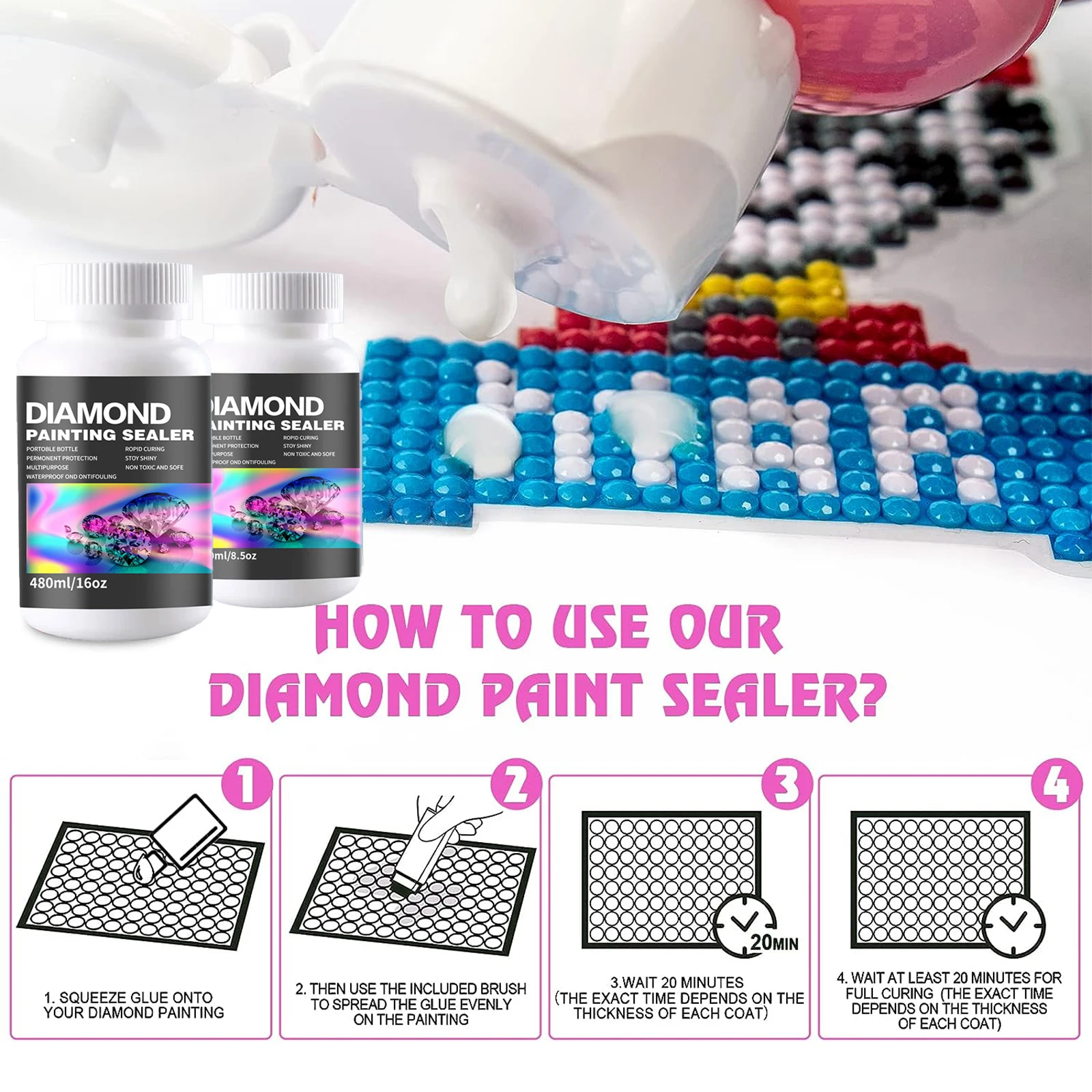 480ML(16oz) Diamond Painting Sealer Kits with 3 Pcs Brushes Diamond Art Sealer Puzzle Glue Accessories and Tools for Adults