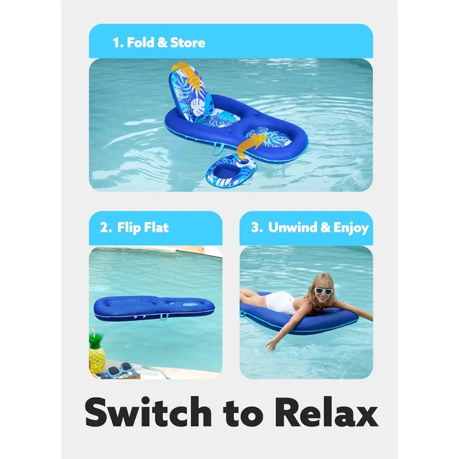 Sloosh piscina flutua espreguiçadeira adulto tecido piscina floaties lounge conversível 2-em-1 flutuante água floaty com porta-copos ajustável
