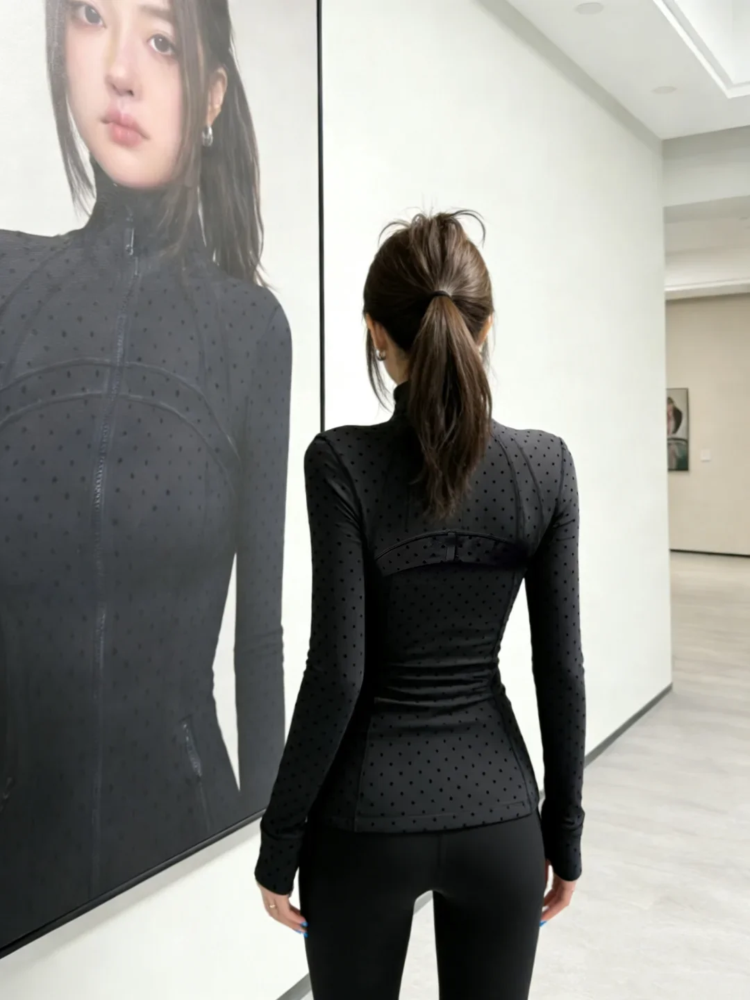 LULU FLORA flocked polka dot jacket, elegant small stand collar long-sleeved outerwear, quick-dry and breathable for sports yoga image 3
