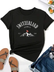 2024 New Switzerland Print T-shirt, Casual Crew Neck Short Sleeve Top For Spring & Summer, Women's Clothing