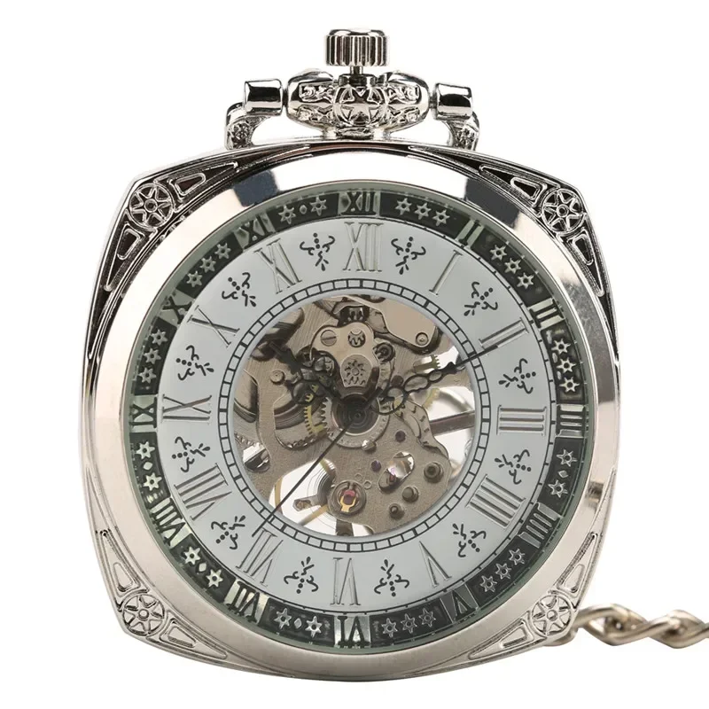 

Silver Retro Men Women Handwind Mechanical Pocket Watch Skeleton Clock Pendant Chain FOB Watches Roman Numeral Open Face Reloj