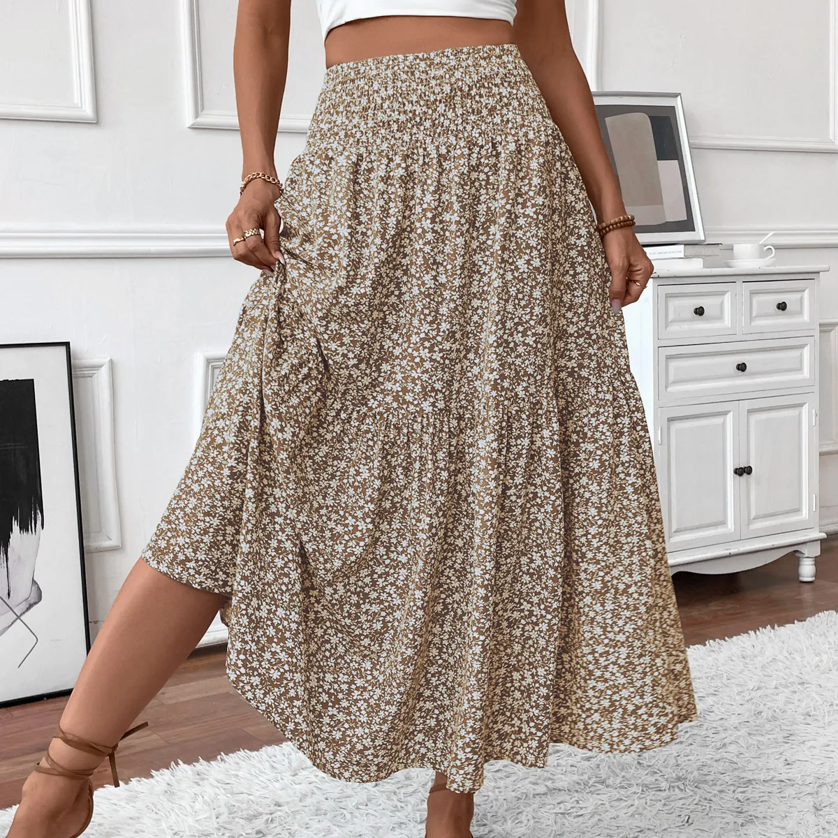 

Women New Classic Printed Skirt Retro High Waist Long Skirt Casual Stylish Loose Beach Skirt Elegant Ladies Floral Pleated Skirt