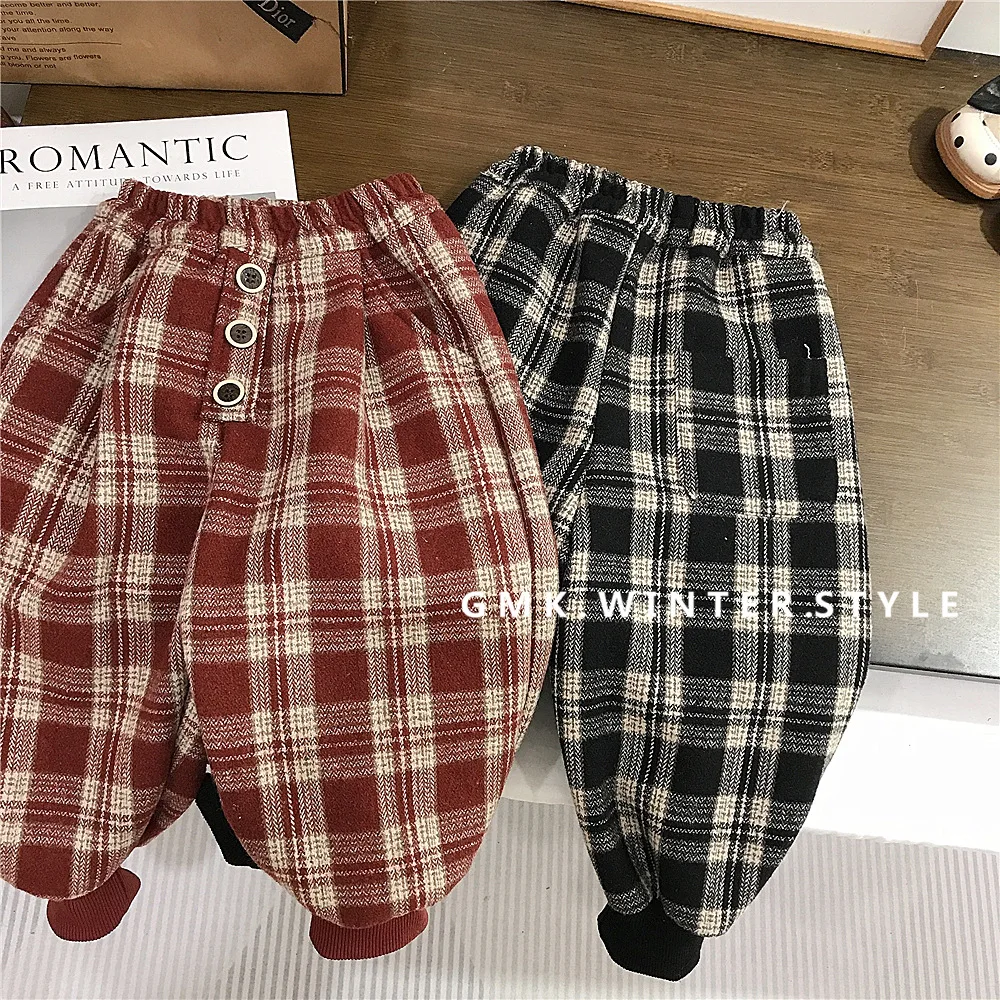 Korean Winter Children Girls Plaid Pants Cotton Fleece Thicken Warm Kids Baby Girl Sweatpant Loose Integrated Little Girls Pants