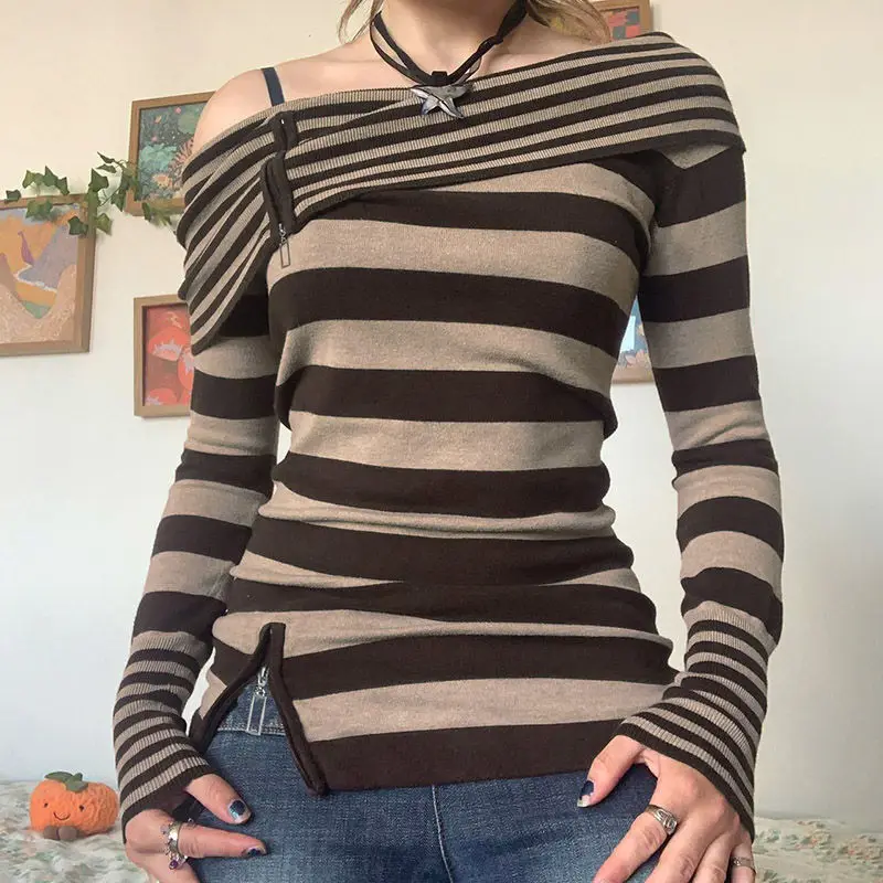 Knitted High-Quality Contrast Striped Zipper One-Shoulder T-Shirt Women'S Waist Slimming American Hot Girl Top