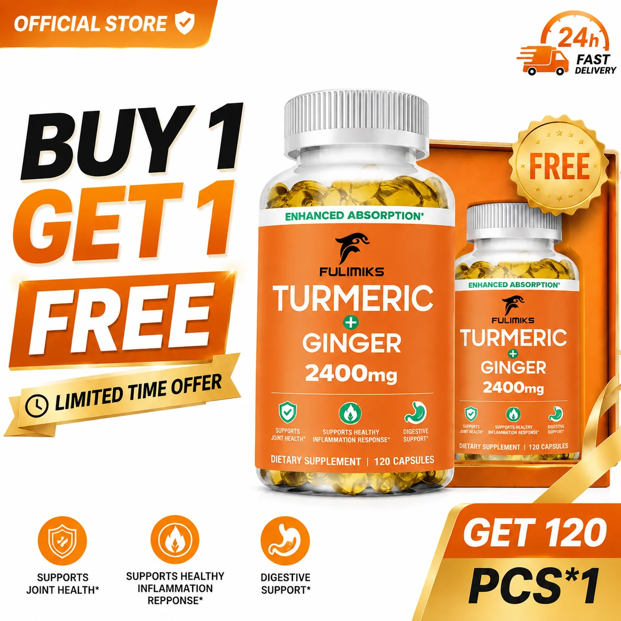 Turmeric Curcumin 2400mg Capsules with Black Pepper & Ginger, Support Soothe Sore Stiff Joints, Flexibility Mobility Antioxidant
