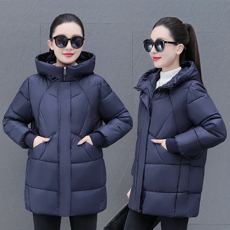 New Women\'S Fashion Casual Mid To Long Hooded Cotton Jacket Korean Version Autumn And Winter Thick Warm Versatile Coat Female