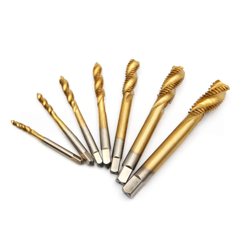 Fixinus 7-Pcs Titanium Coated HSS Spiral Tap Set :Tapping & Drilling High Speed Steel Spiral Groove Machine Tap Hand Tools Parts
