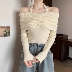 Autumn Winter New French Style Sensibility Off-shoulder Top Women's Versatile Halter Neck Slimming Soft Supple Knit Sweater