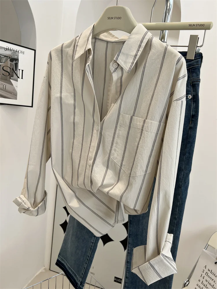 

Женская свободная рубашка в полоску в стиле Харадзюку в японском стиле с длинным рукавом и воротником-поло Bf, художественный ленивый осенний повседневный универсальный топ