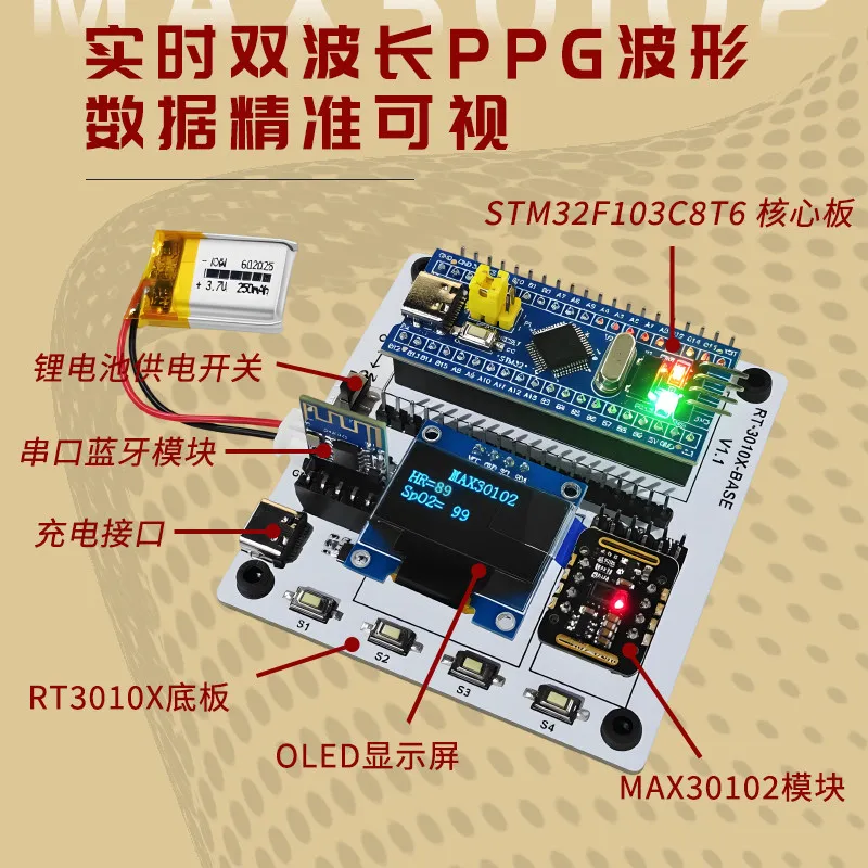 MAX30102 STM32 Bluetooth Heart Rate and Oxygen Saturation Sensor Development Kit Supports Secondary Development